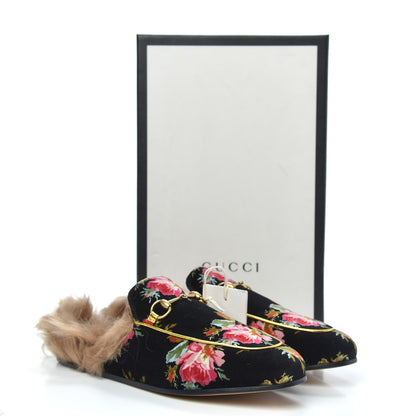 Gucci Velvet Fur Floral Womens Princetown Slippers 39.5 Black 8 of 8