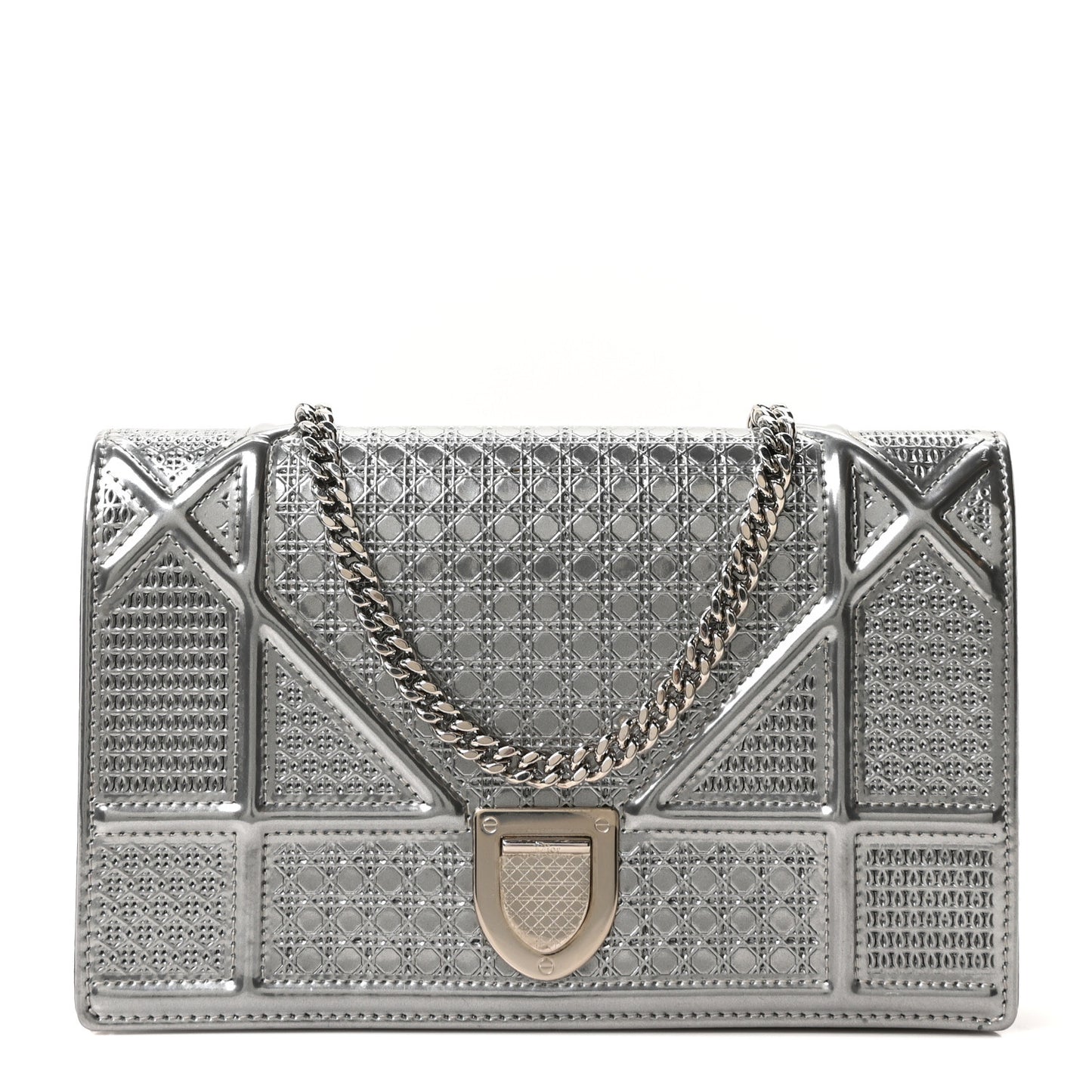 Metallic Patent Micro-Cannage Diorama Wallet on Chain Pouch Silver