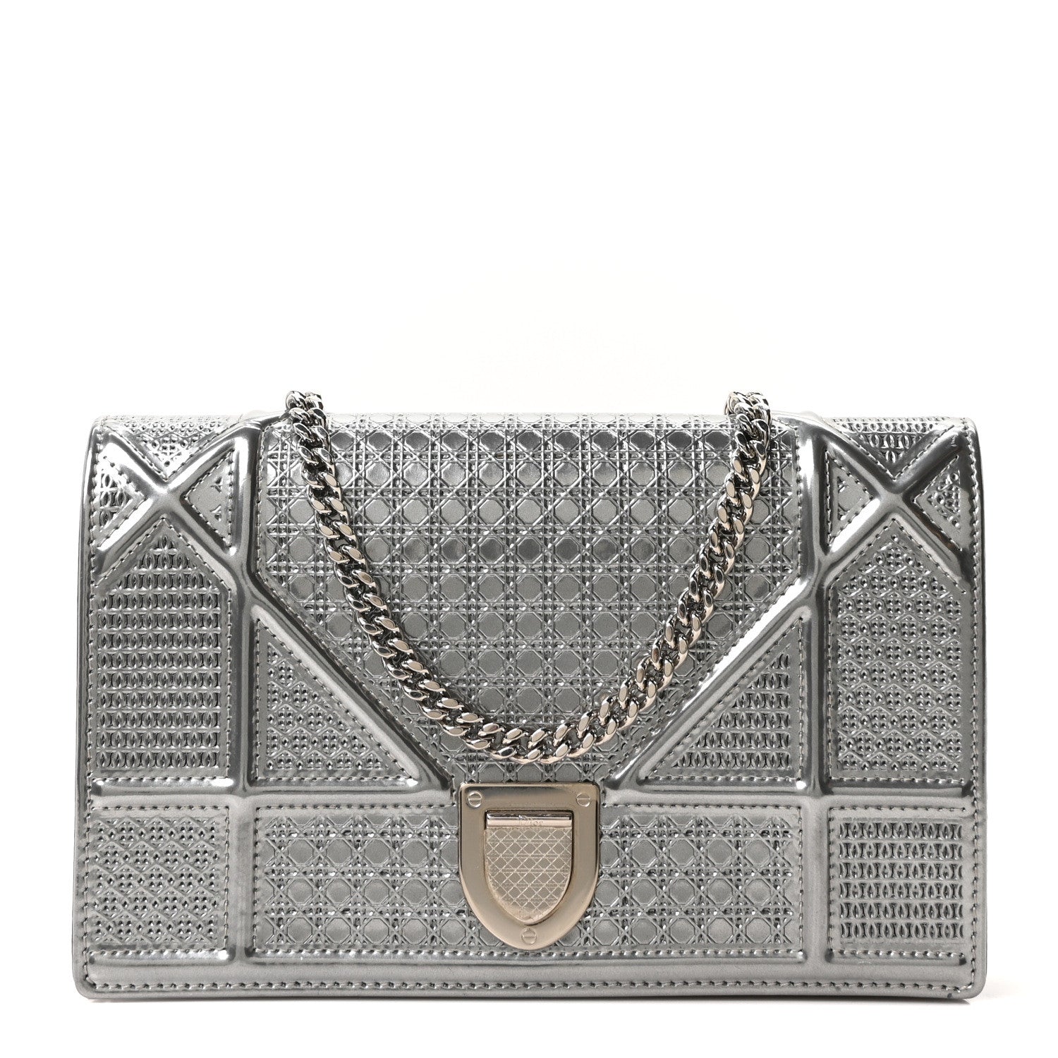 Christian Dior Metallic Patent Micro-Cannage Diorama Wallet on Chain Pouch Silver 1 of 9