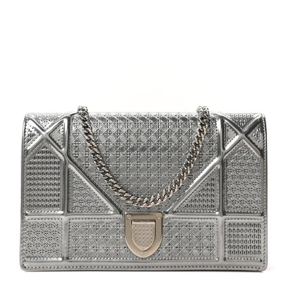 Christian Dior Metallic Patent Micro-Cannage Diorama Wallet on Chain Pouch Silver 1 of 9
