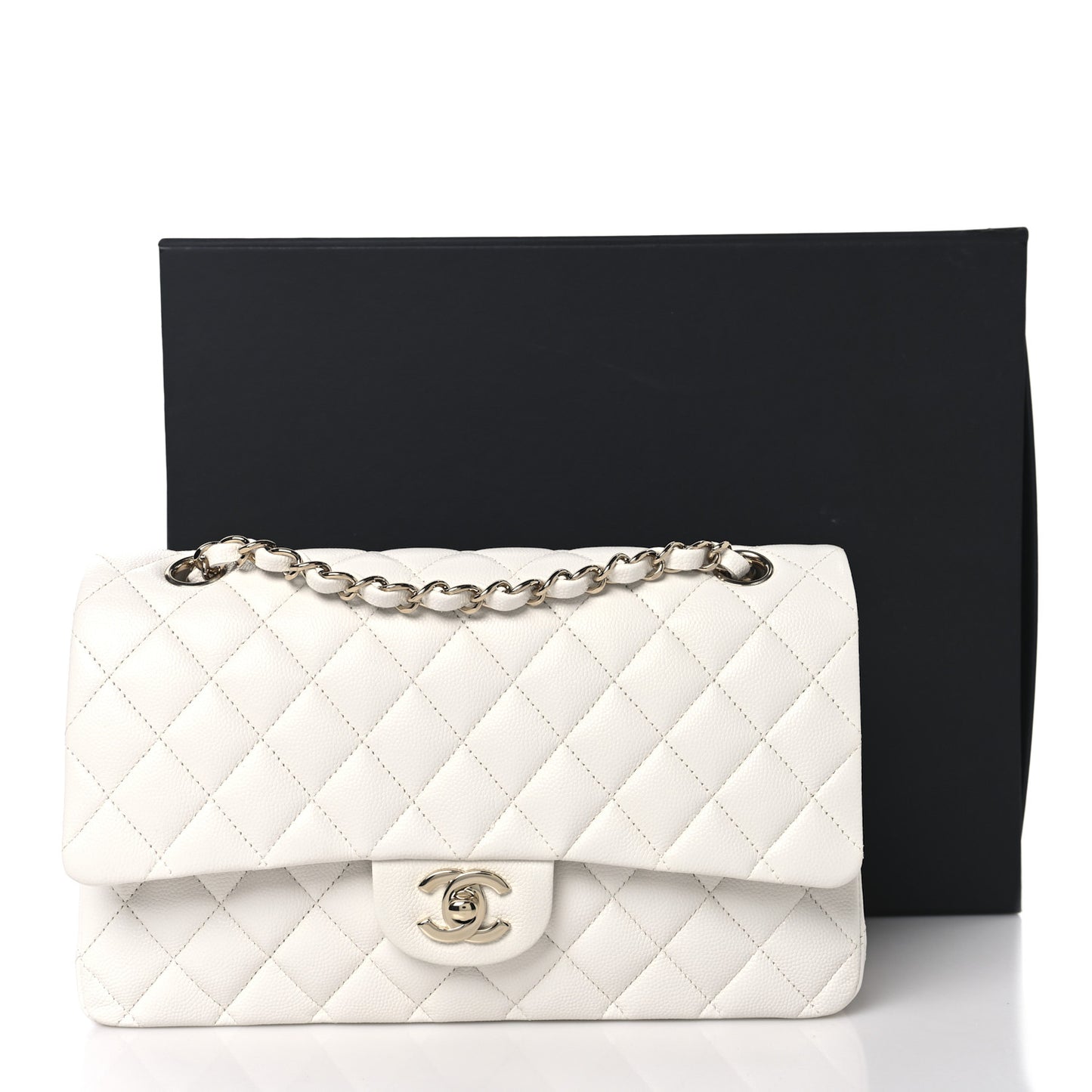 Caviar Quilted Medium Double Flap White