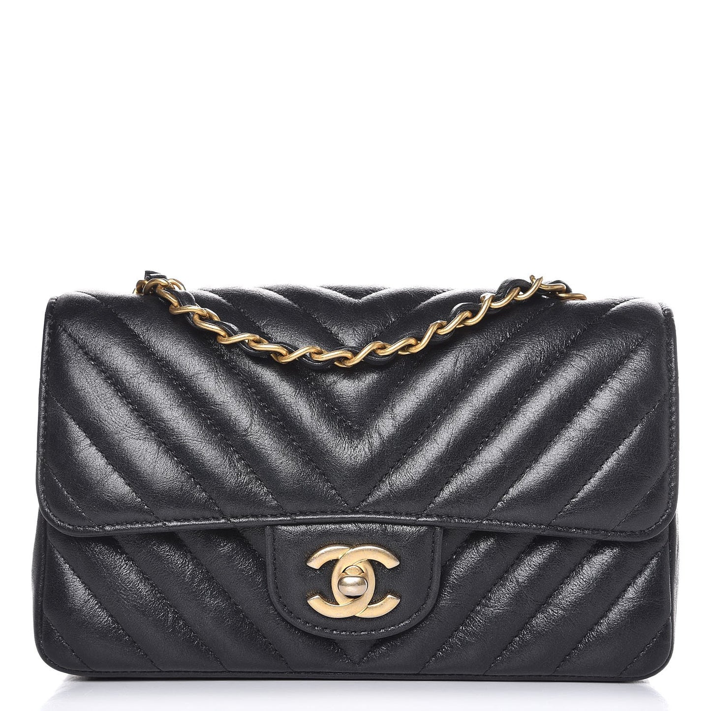 Iridescent Calfskin Chevron Quilted Mini Rectangular Flap Black