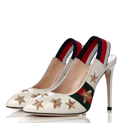Gucci Malaga Kid Web Bee Star Embroidered Sylvie High Heel Slingback Pumps 35 White 3 of 14