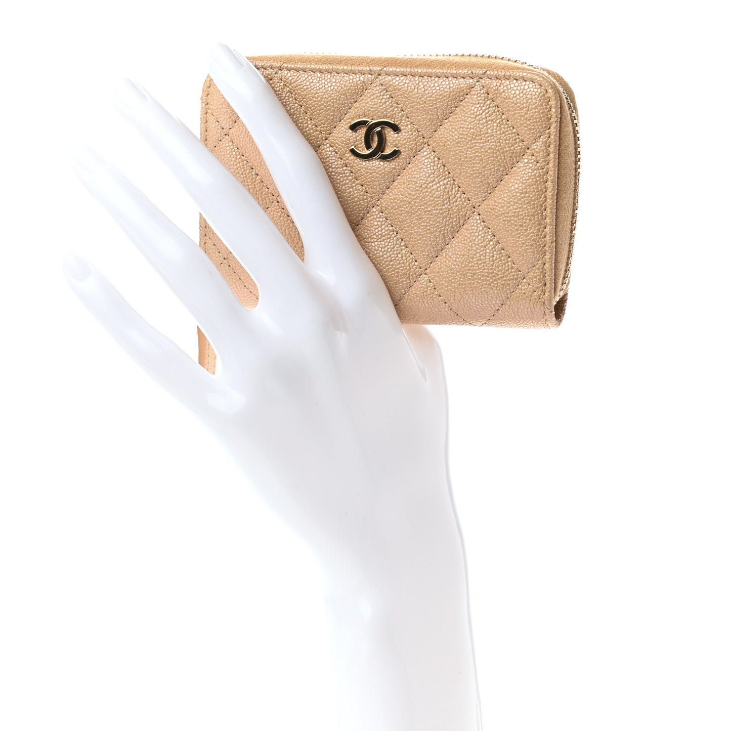 Iridescent Caviar Quilted Zip Around Coin Purse Beige