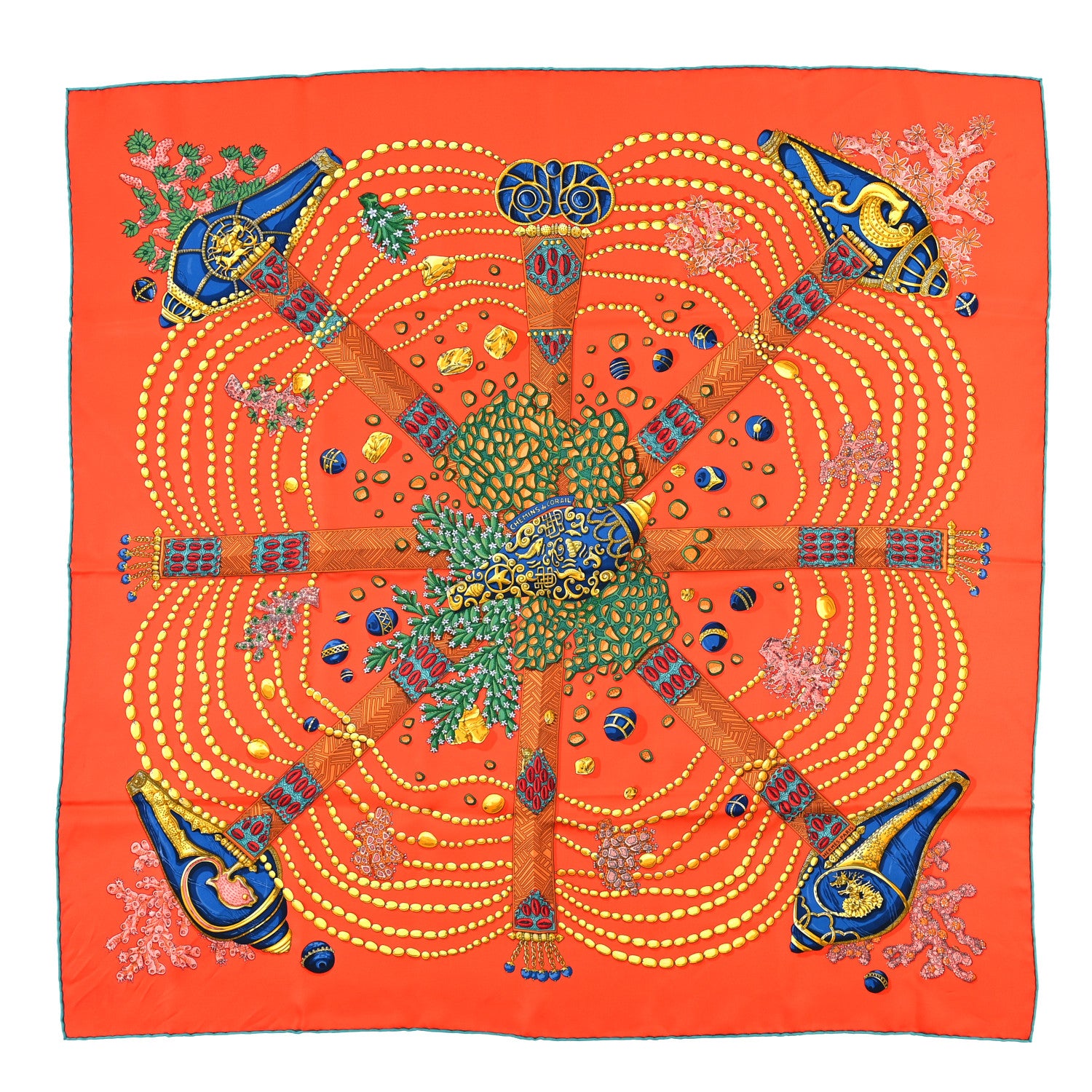 Hermes Silk Chemins De Corail Scarf 90 Orange Emeraude Jaune D'or 1 of 3