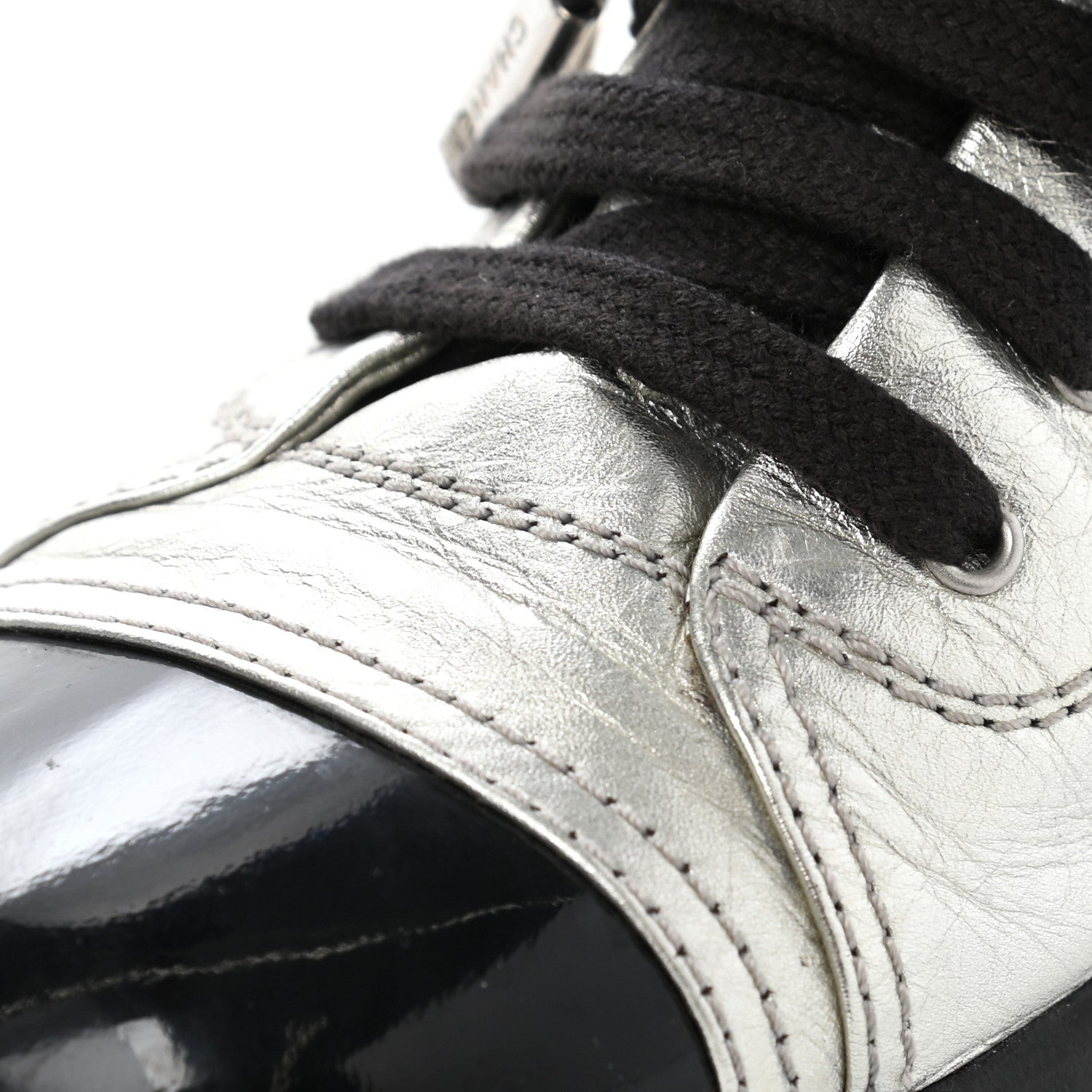 Chanel Metallic Lambskin Patent Cap Toe CC Sneakers 38.5 Silver Black 10 of 13