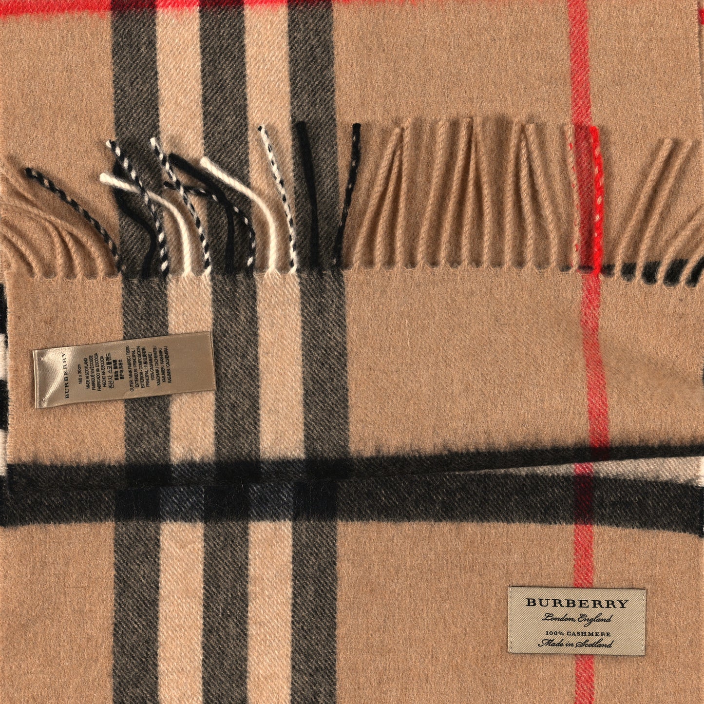 Cashmere Giant Check Fringe Scarf Archive Beige