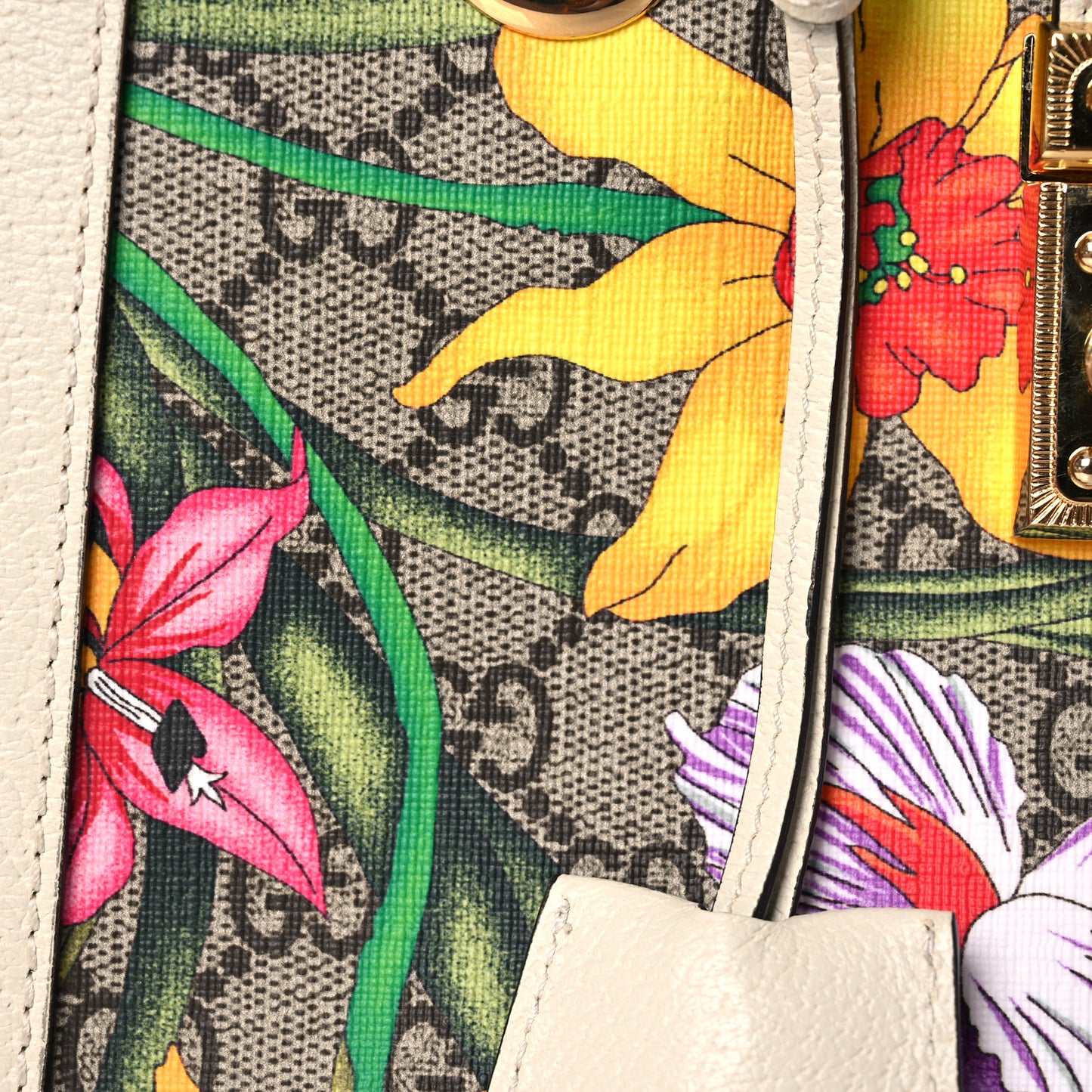 GG Supreme Monogram Flora Textured Calfskin Small Padlock Tote Beige Ebony Multicolor Mystic White