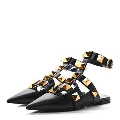 Valentino Garavani Calfskin Roman Stud Ankle Strap Flat Mules 37 Black 3 of 8
