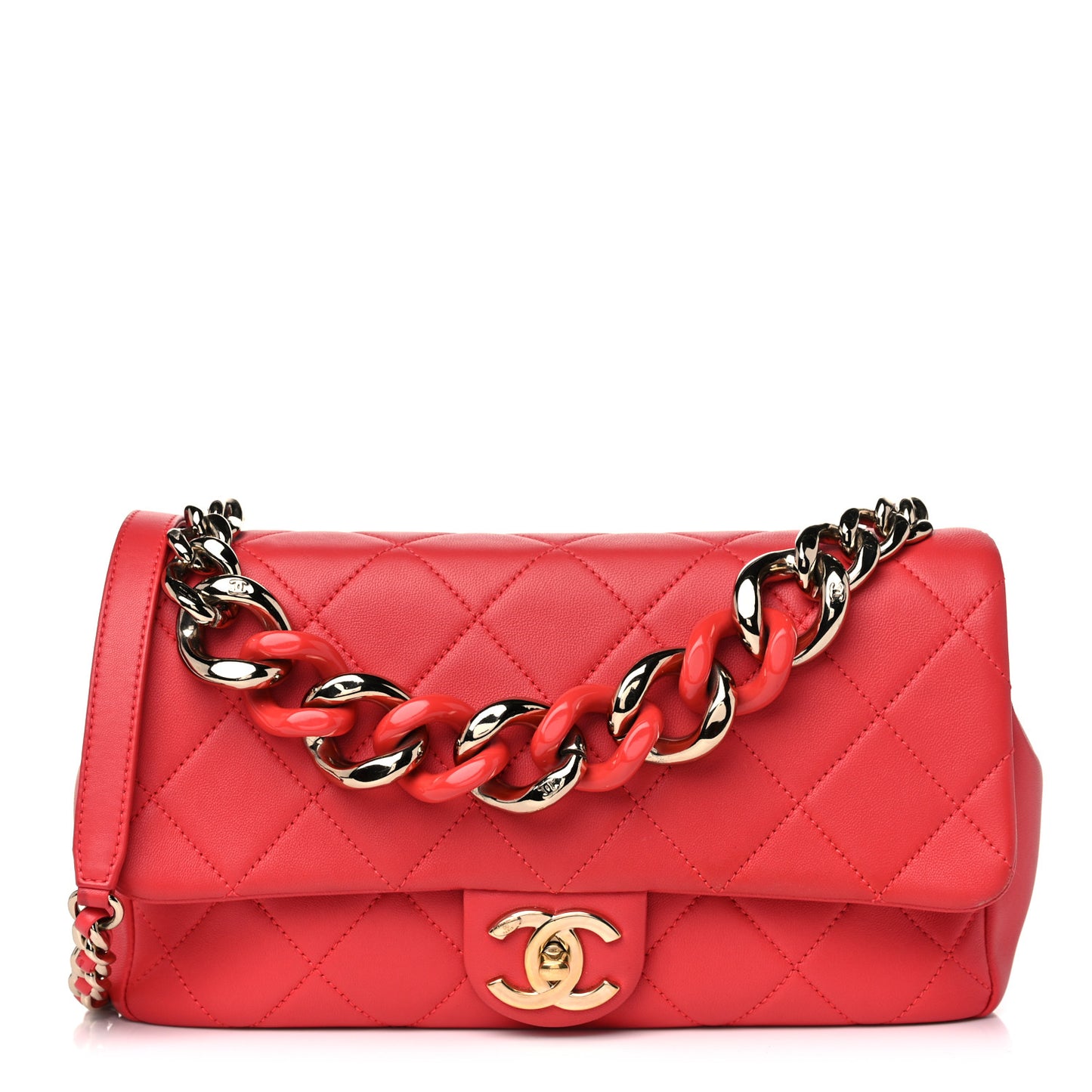 Lambskin Quilted Resin Bi-Color Chain Flap Bag Red