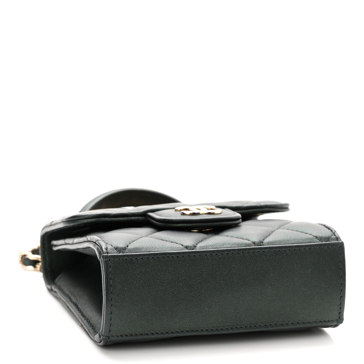 Iridescent Lambskin Quilted Top Handle Clutch With Chain Dark Green