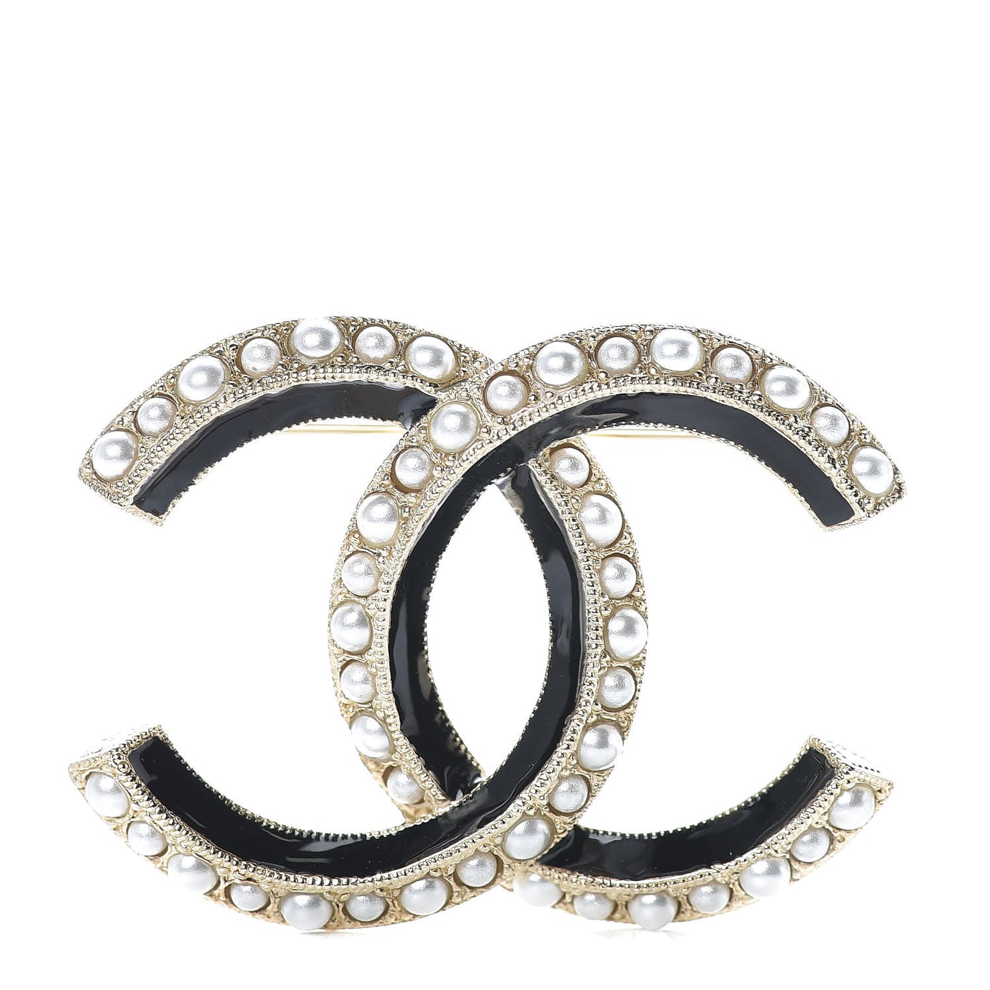 Pearl Enamel CC Brooch Black Gold