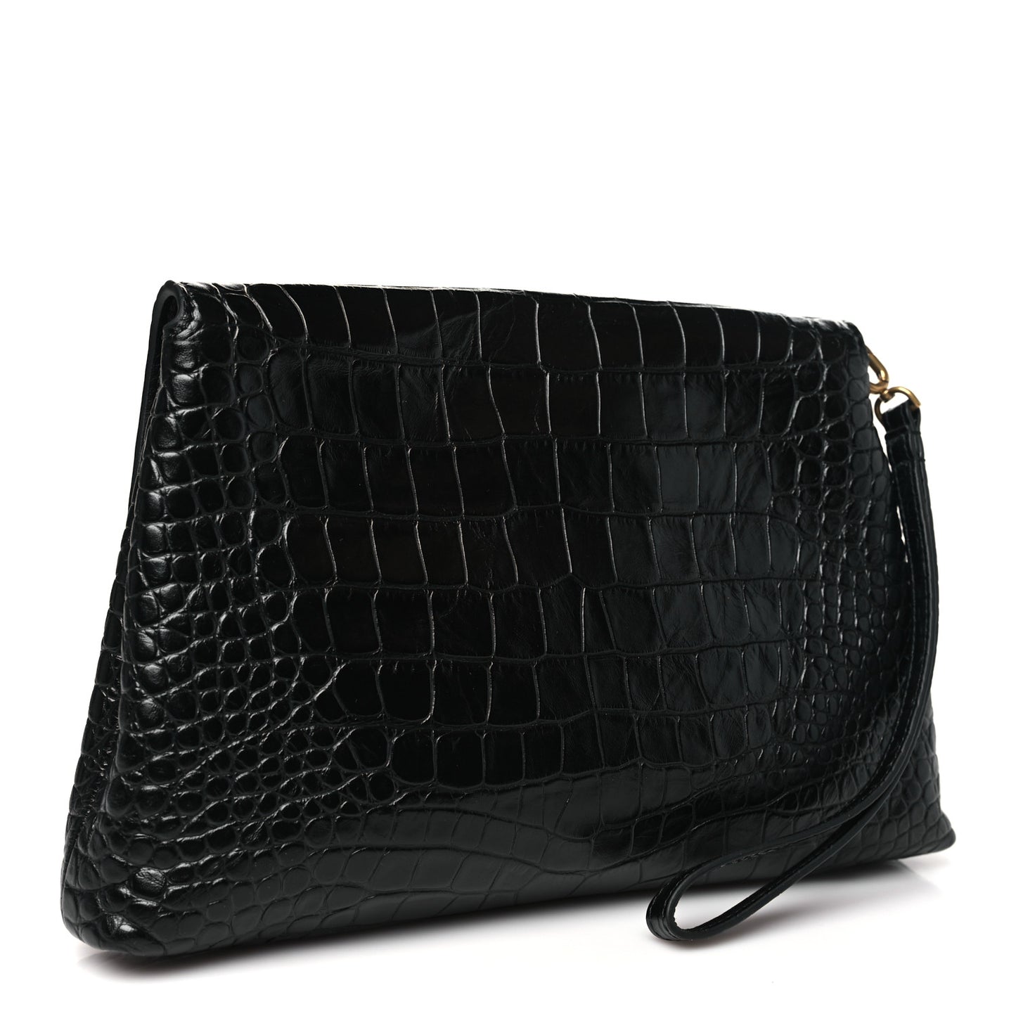 Calfskin Crocodile Embossed Medium Crush Pochette Clutch Black