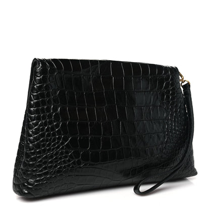 Balenciaga Calfskin Crocodile Embossed Medium Crush Pochette Clutch Black 3 of 10