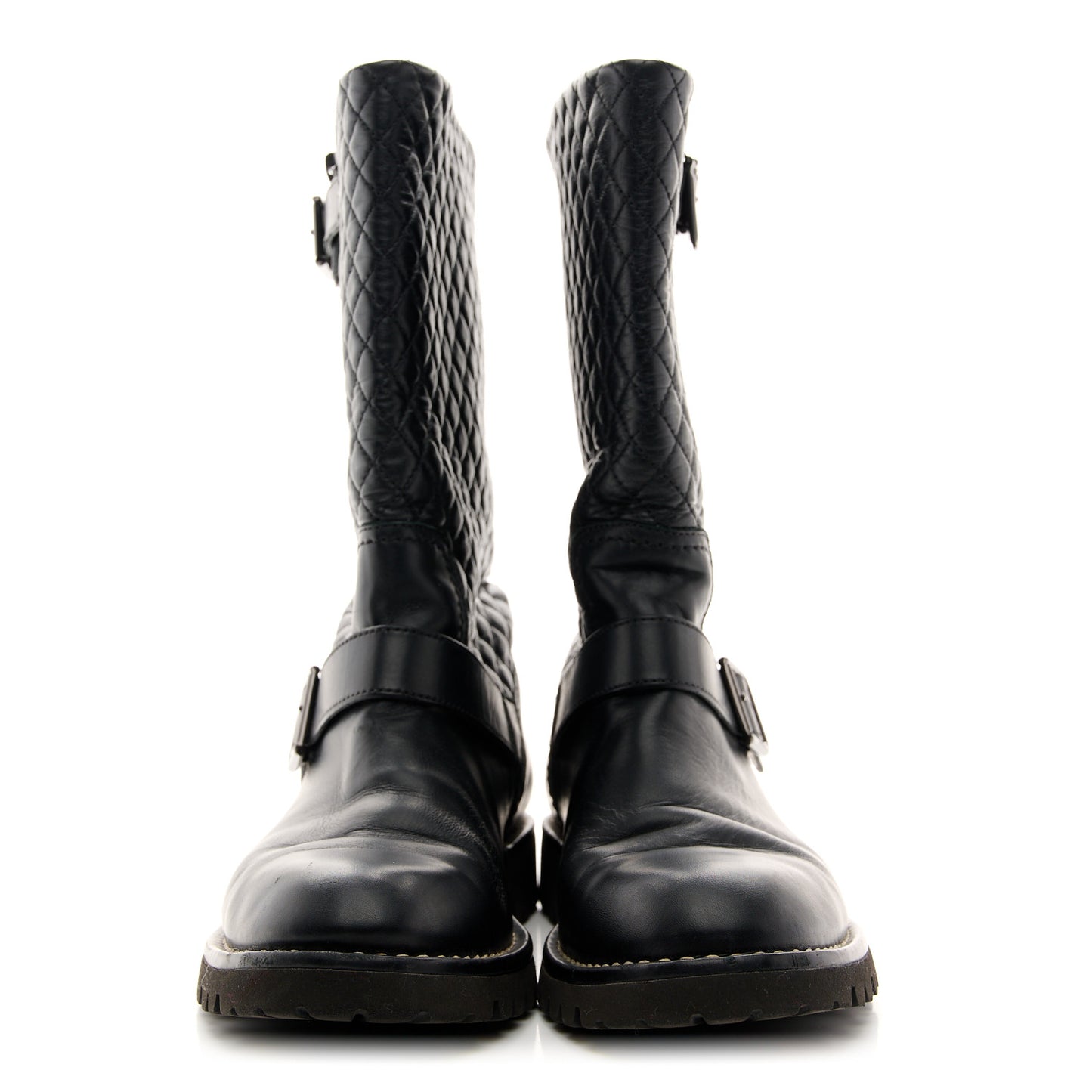 Calfskin Quilted Biker Boots 38.5 Black