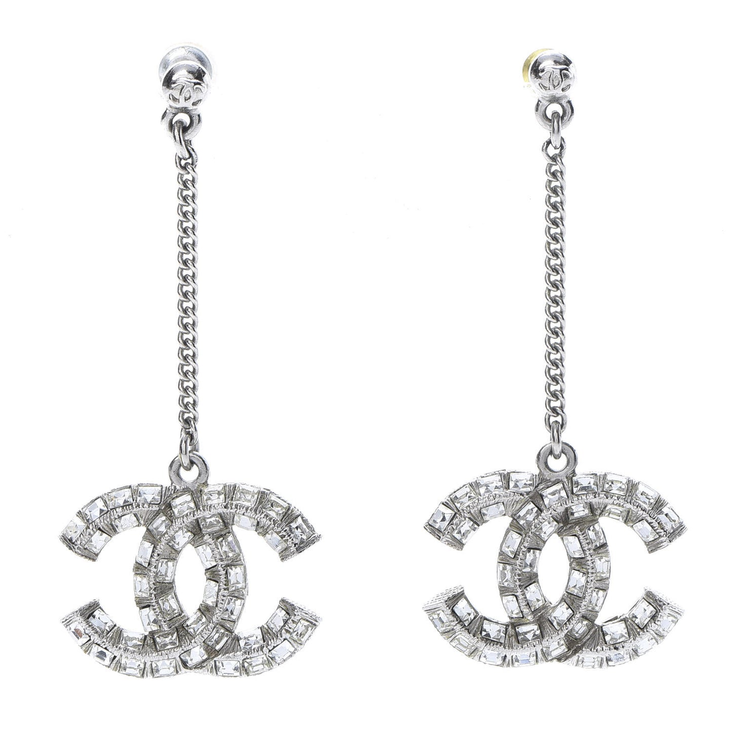Baguette Crystal CC Drop Earrings Silver