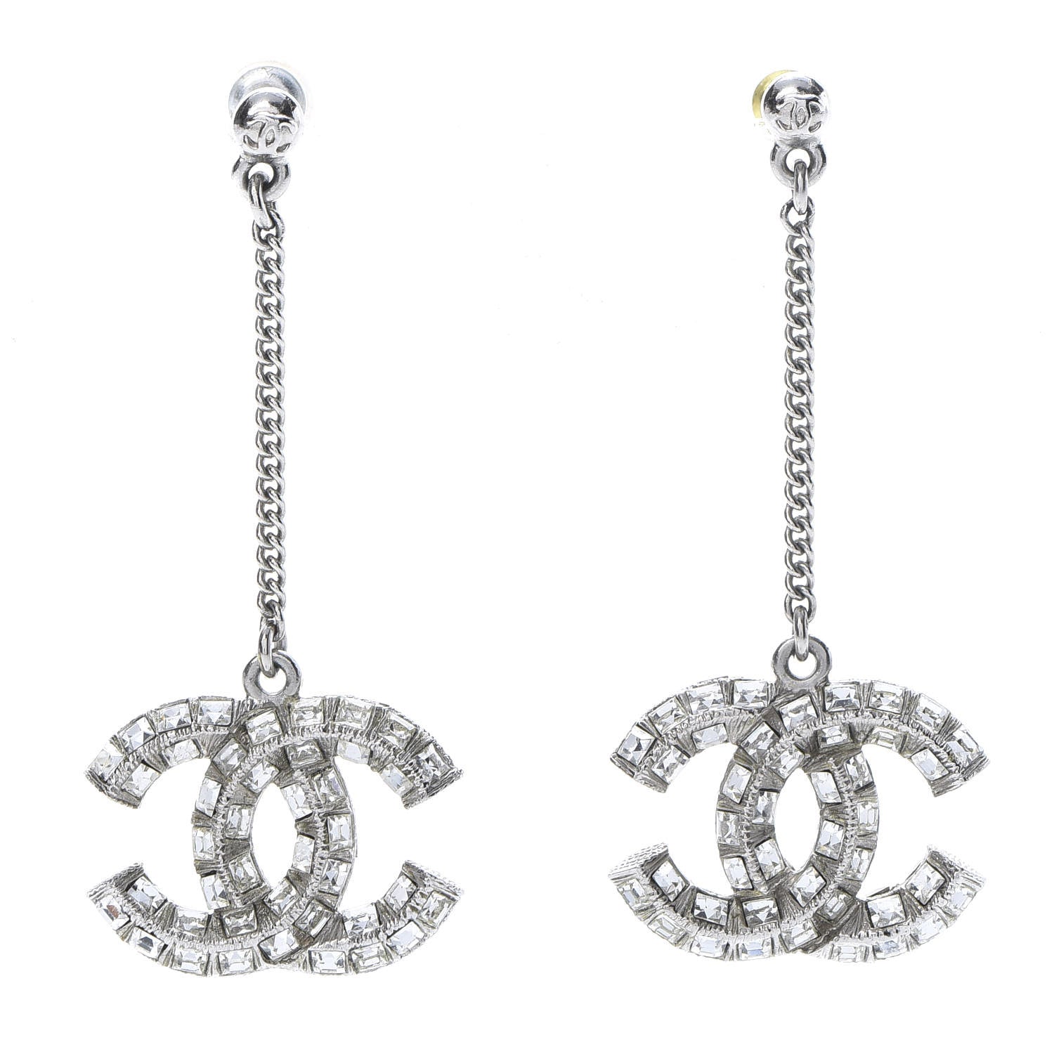 Chanel Baguette Crystal CC Drop Earrings Silver 1 of 3