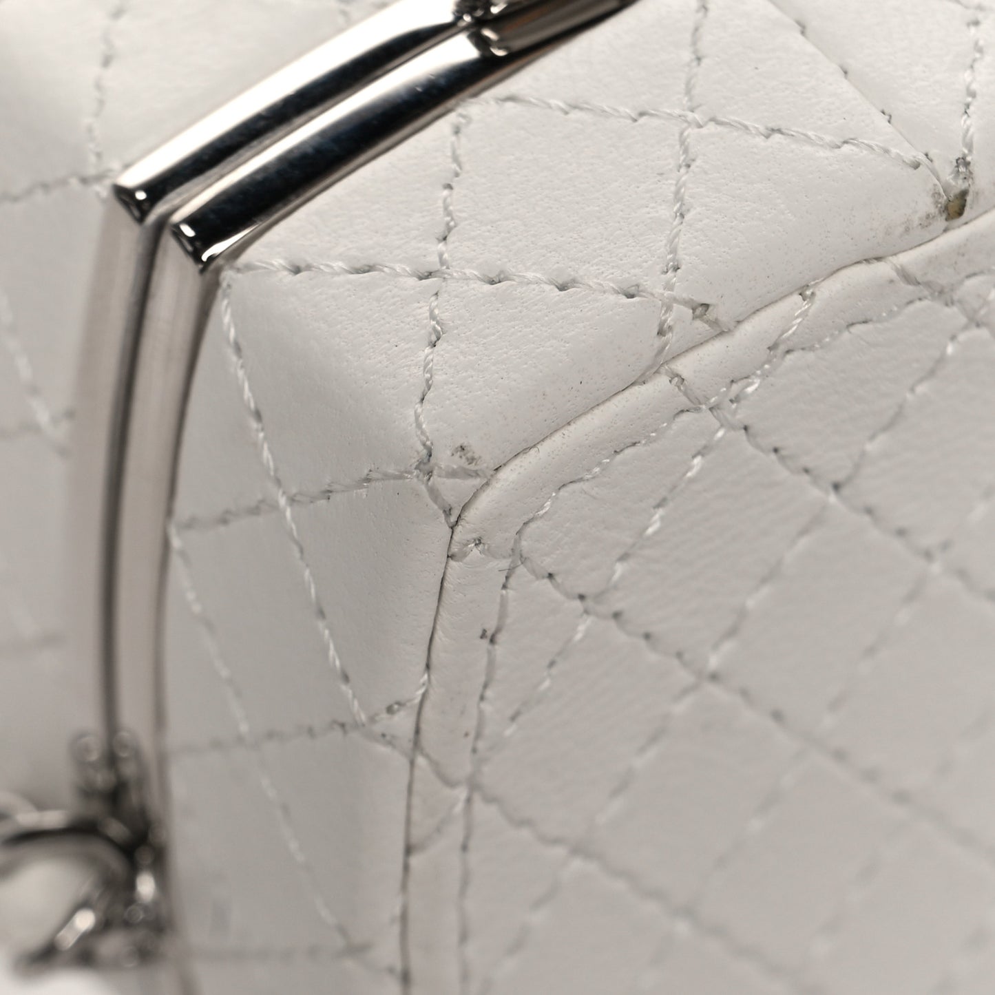 Patent Goatskin Quilted Clutch With Chain White