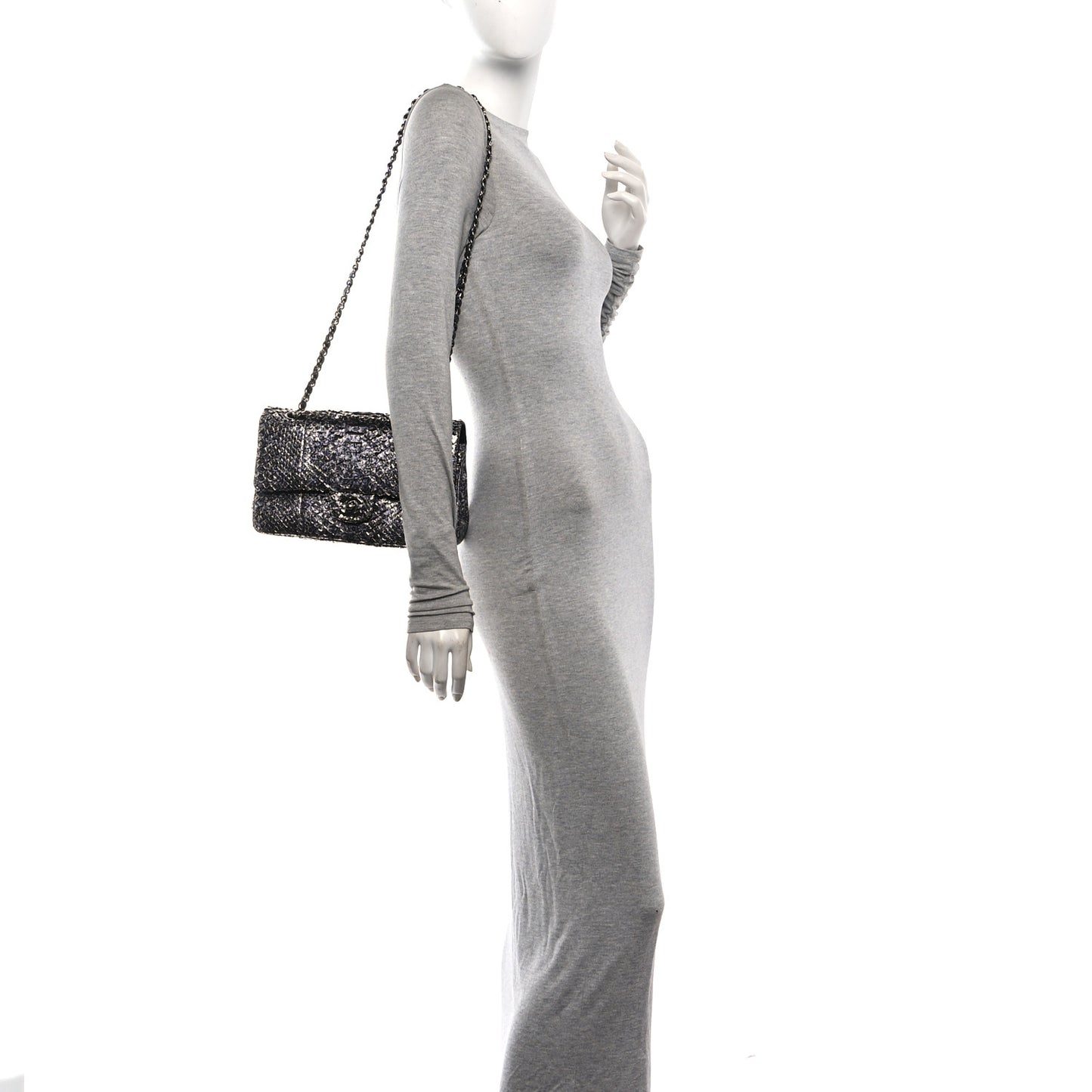 Metallic Snakeskin Medium Double Flap Black Silver