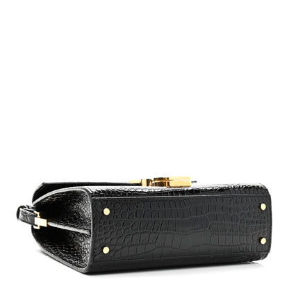 Saint Laurent Calfskin Crocodile Embossed Mini Classic Monogram Cassandra Top Handle Black 4 of 9