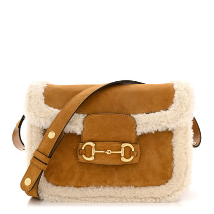Gucci Suede Shearling Horsebit 1955 Shoulder Bag Honey Beige Milk 1 of 9