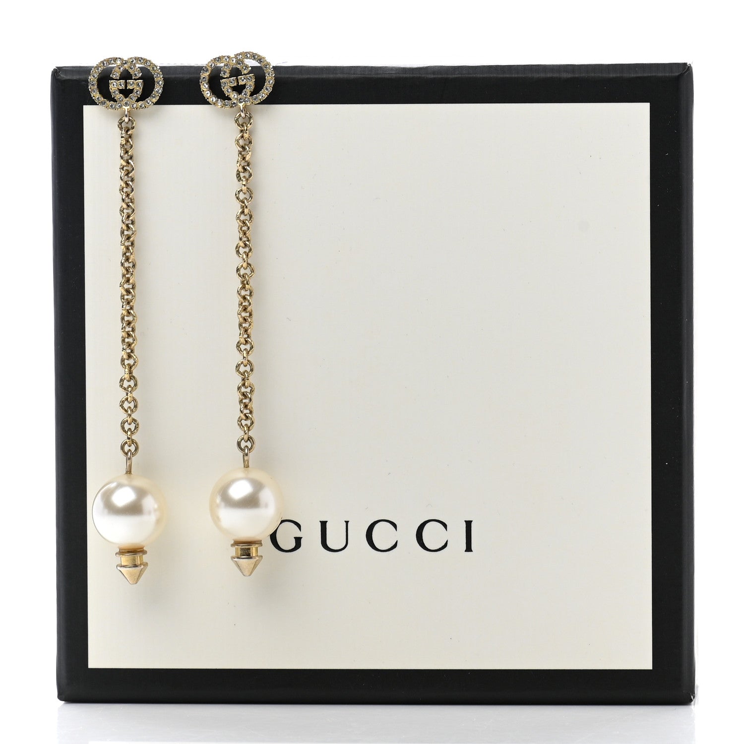 Gucci Metal Crystal Pearl Interlocking G Earrings Gold 5 of 5