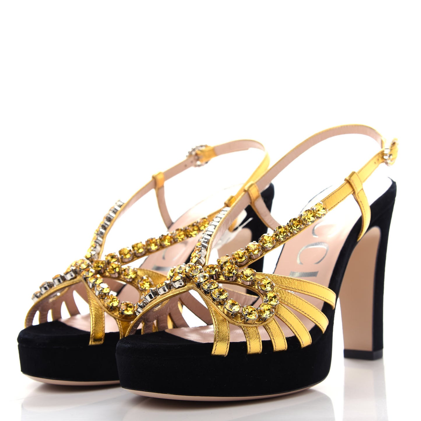 Velvet Nappa Crystal Zephyra Slingback Platform High Heel Sandals 37.5 Black Gold