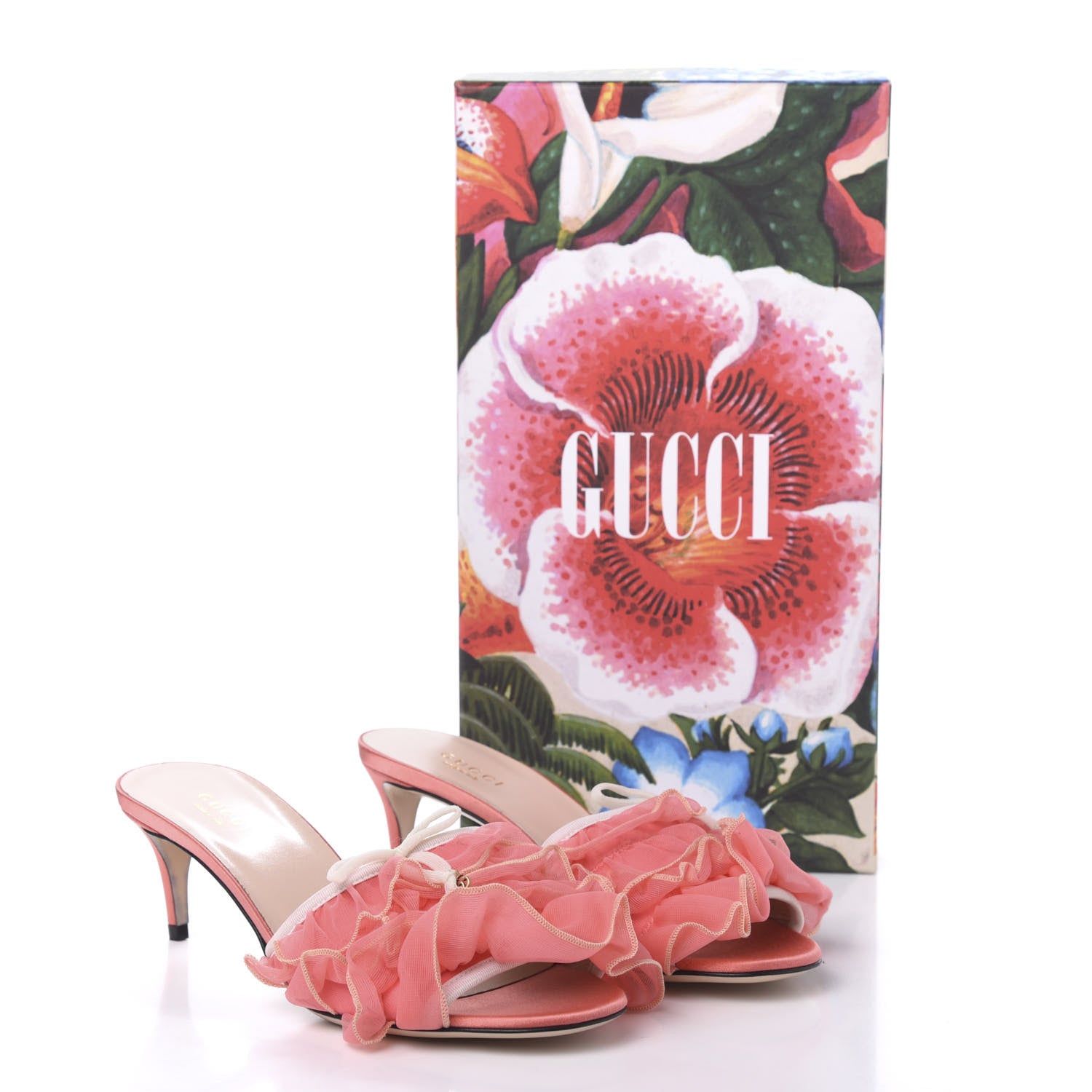 Gucci Tulle Ruffle Low Heel Slide Sandals 37 Peach Mystic White 9 of 10