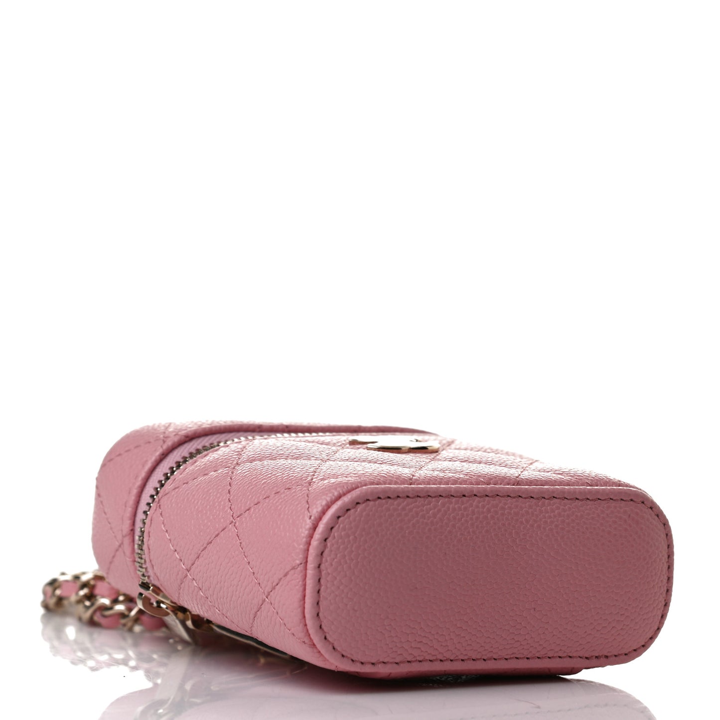 Caviar Quilted Small Handle With Care Vanity Case With Chain Pink
