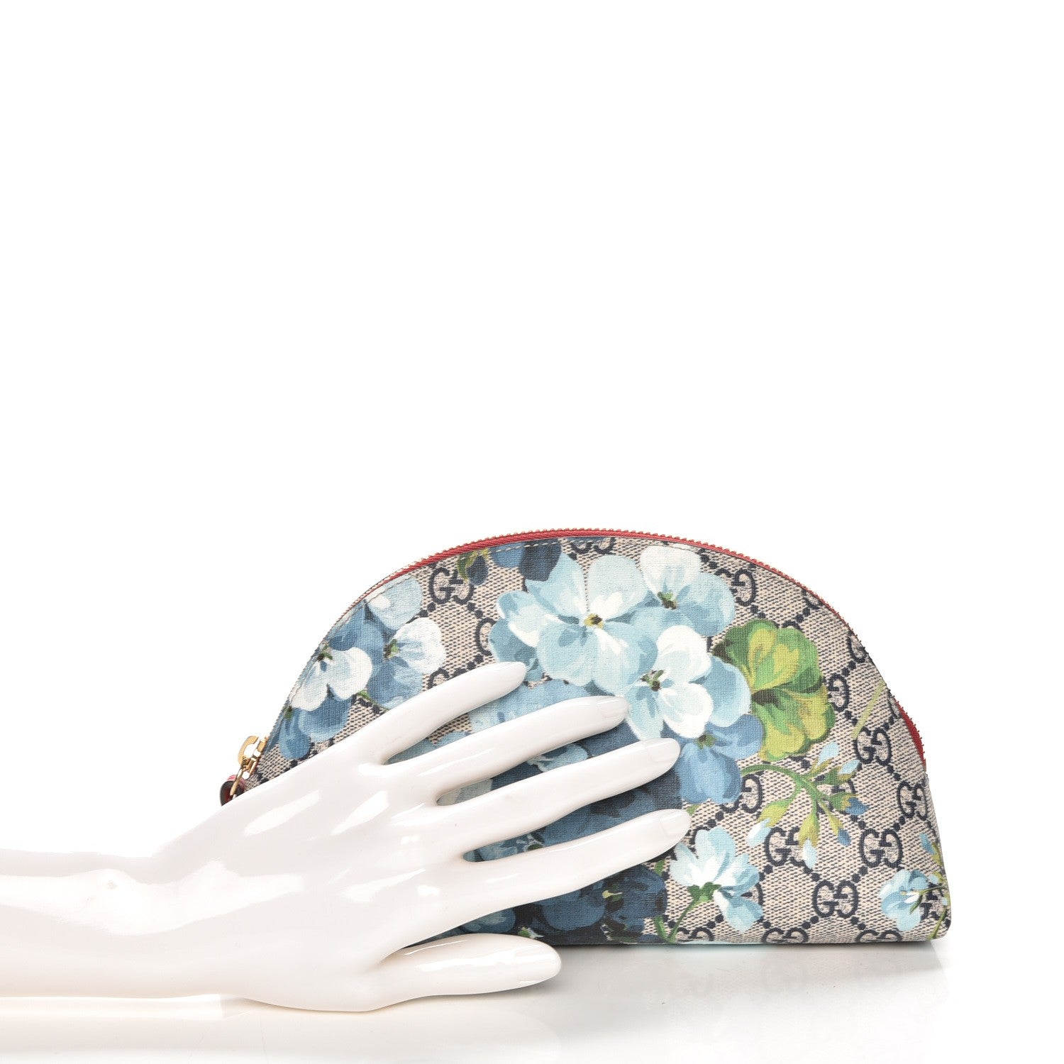 Gucci GG Supreme Monogram Blooms Large Pouch Cosmetic Case Beige Blue Navy Hibiscus Red 2 of 7