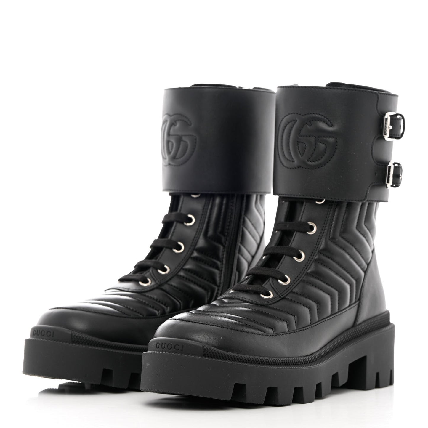 Nappa Frances GG Matelasse Platform Combat Boots 35 Black