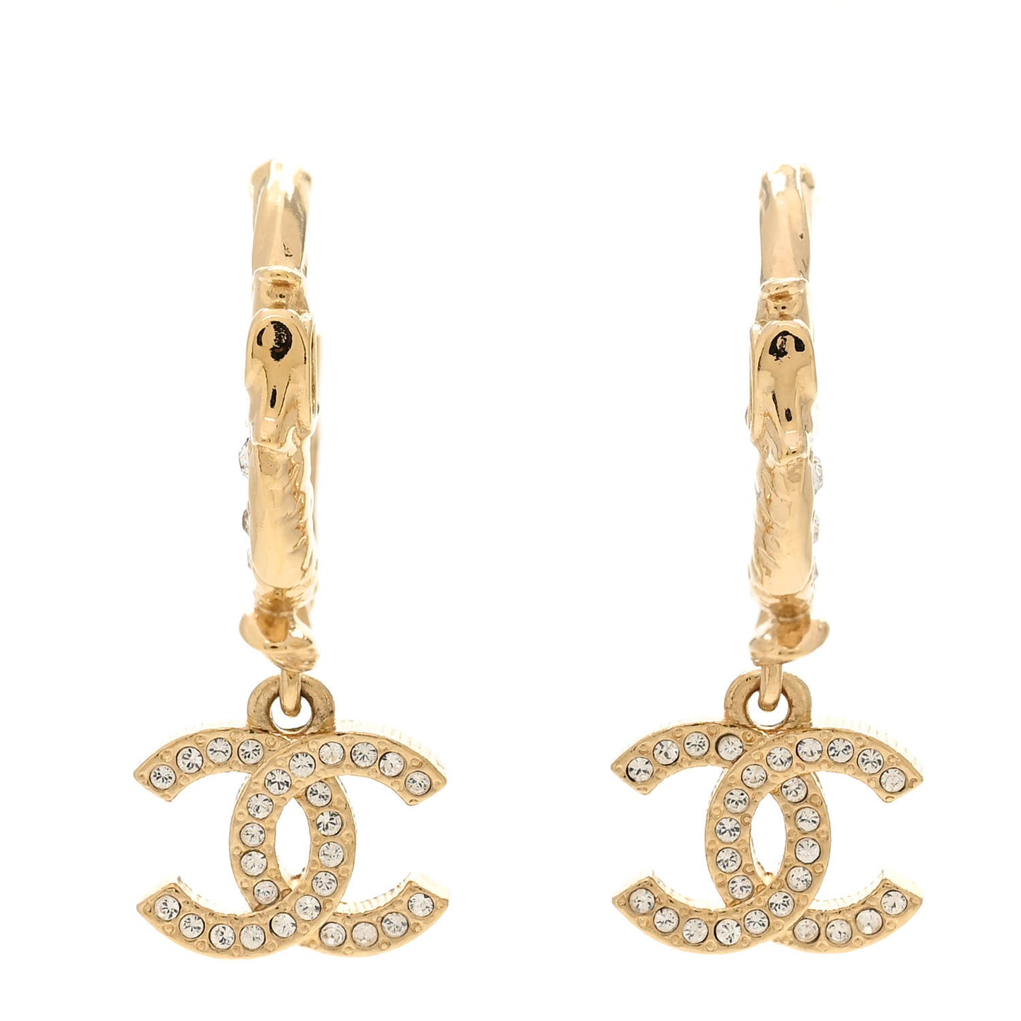Metal Crystal Studded CC Hoop Drop Earrings Gold