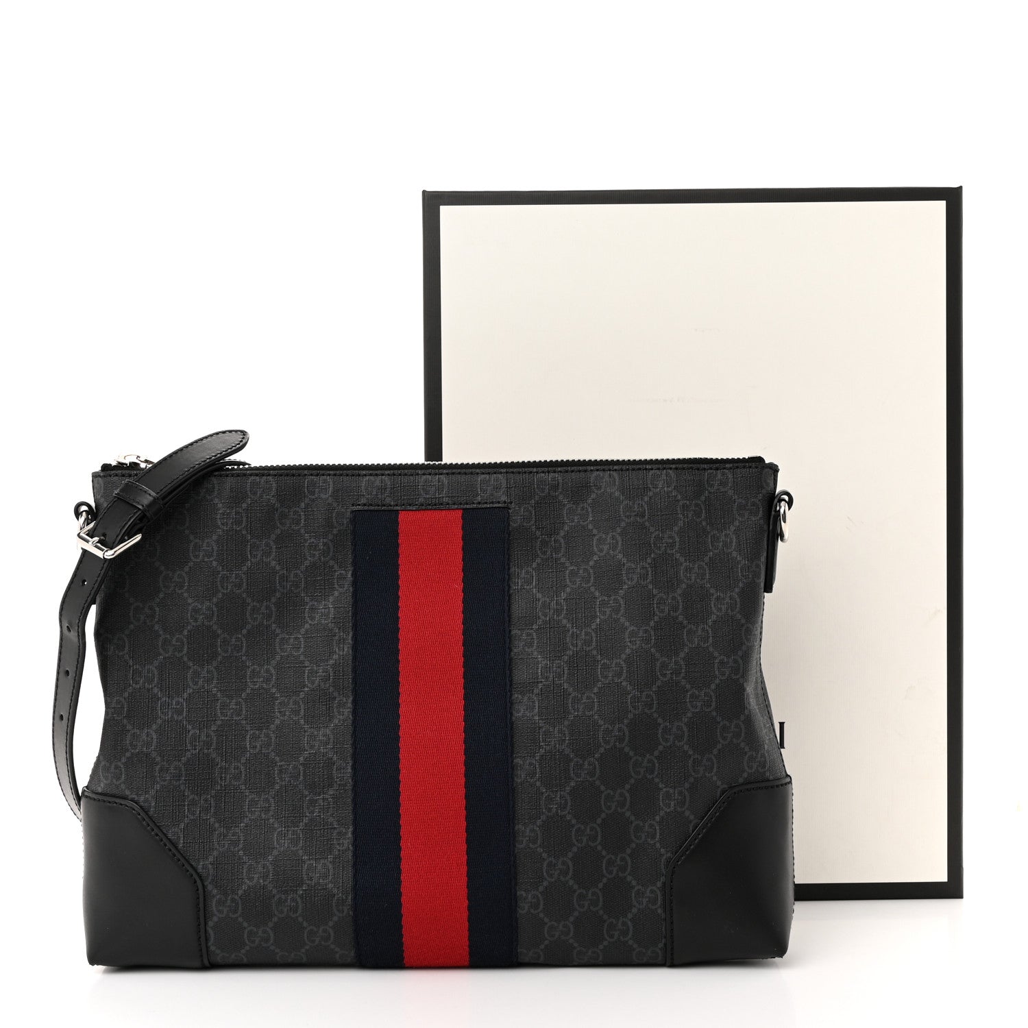 Gucci Soft GG Supreme Monogram Appia Calfskin Web East West Messenger Bag Black Grey 11 of 11