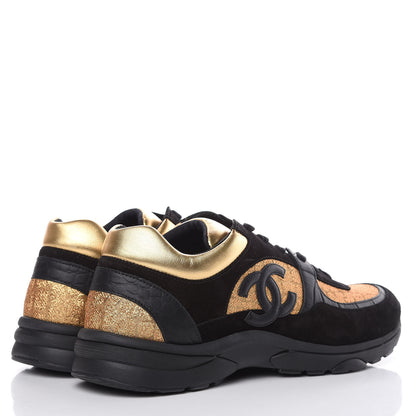 Chanel Kid Suede Croc Calfskin Embossed Metallic Fabric Mens Sneakers 46 Black Gold 4 of 8