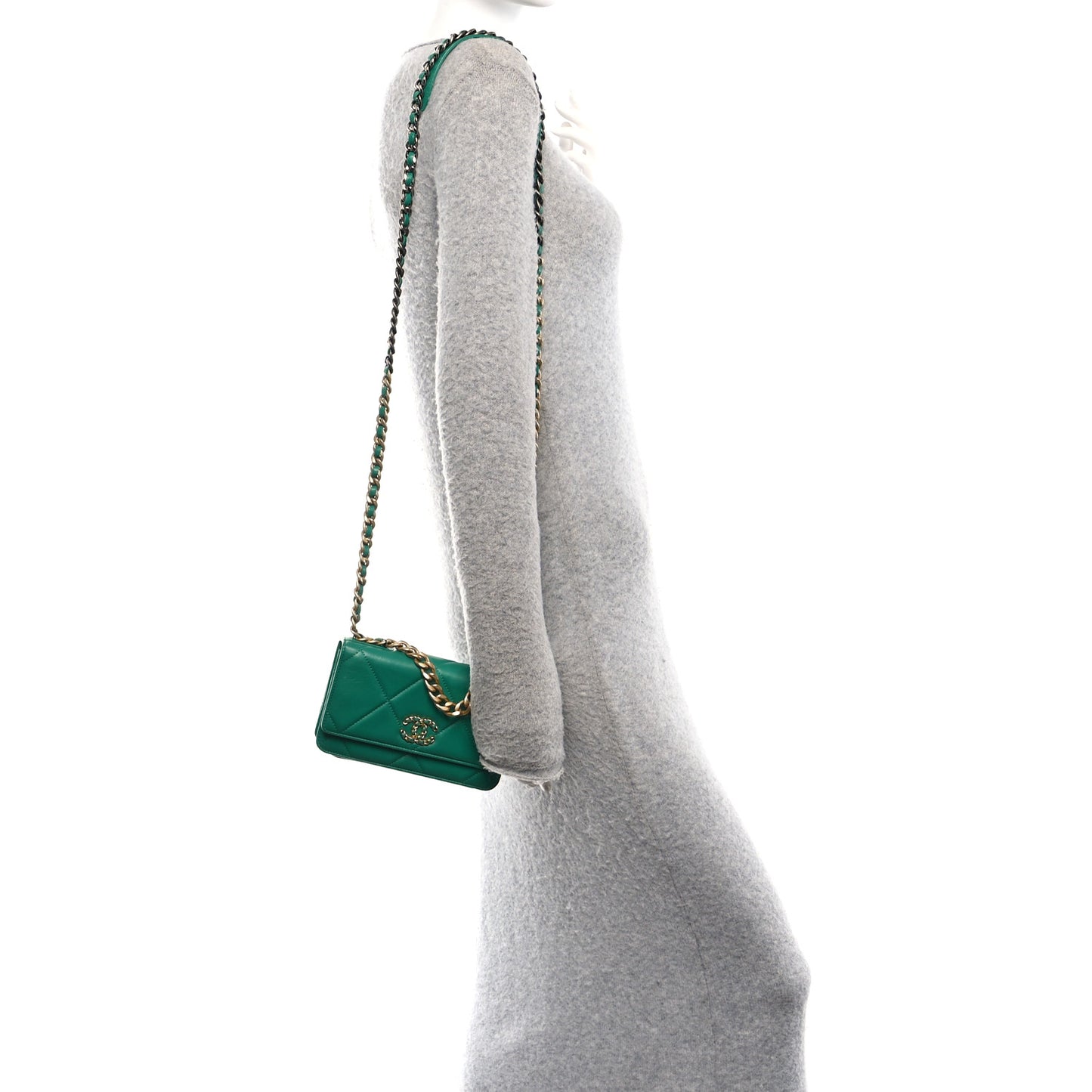 Lambskin Quilted Chanel 19 Wallet On Chain WOC Green