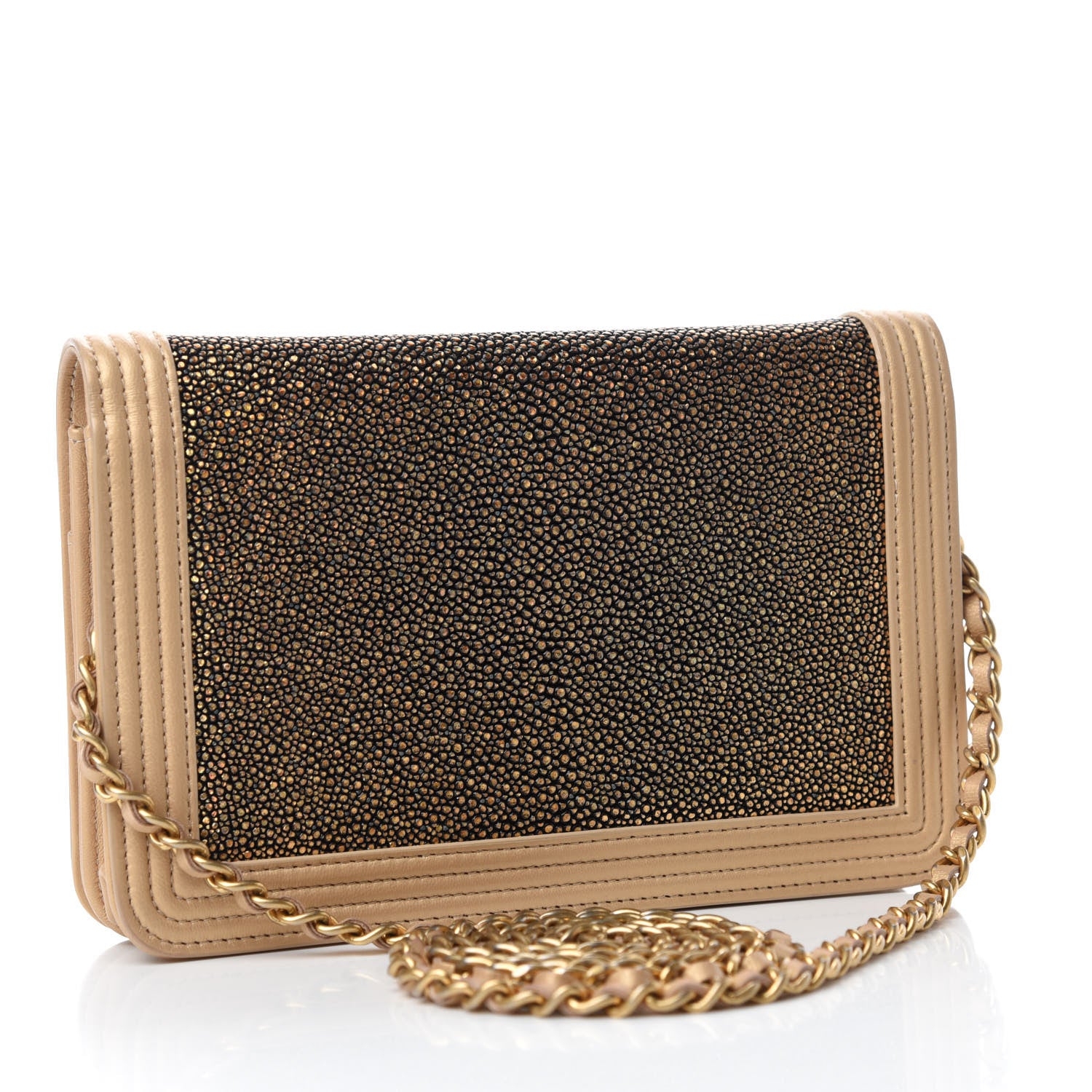 Chanel Metallic Galuchat Stingray Lambskin Boy Wallet On Chain WOC Gold 3 of 15