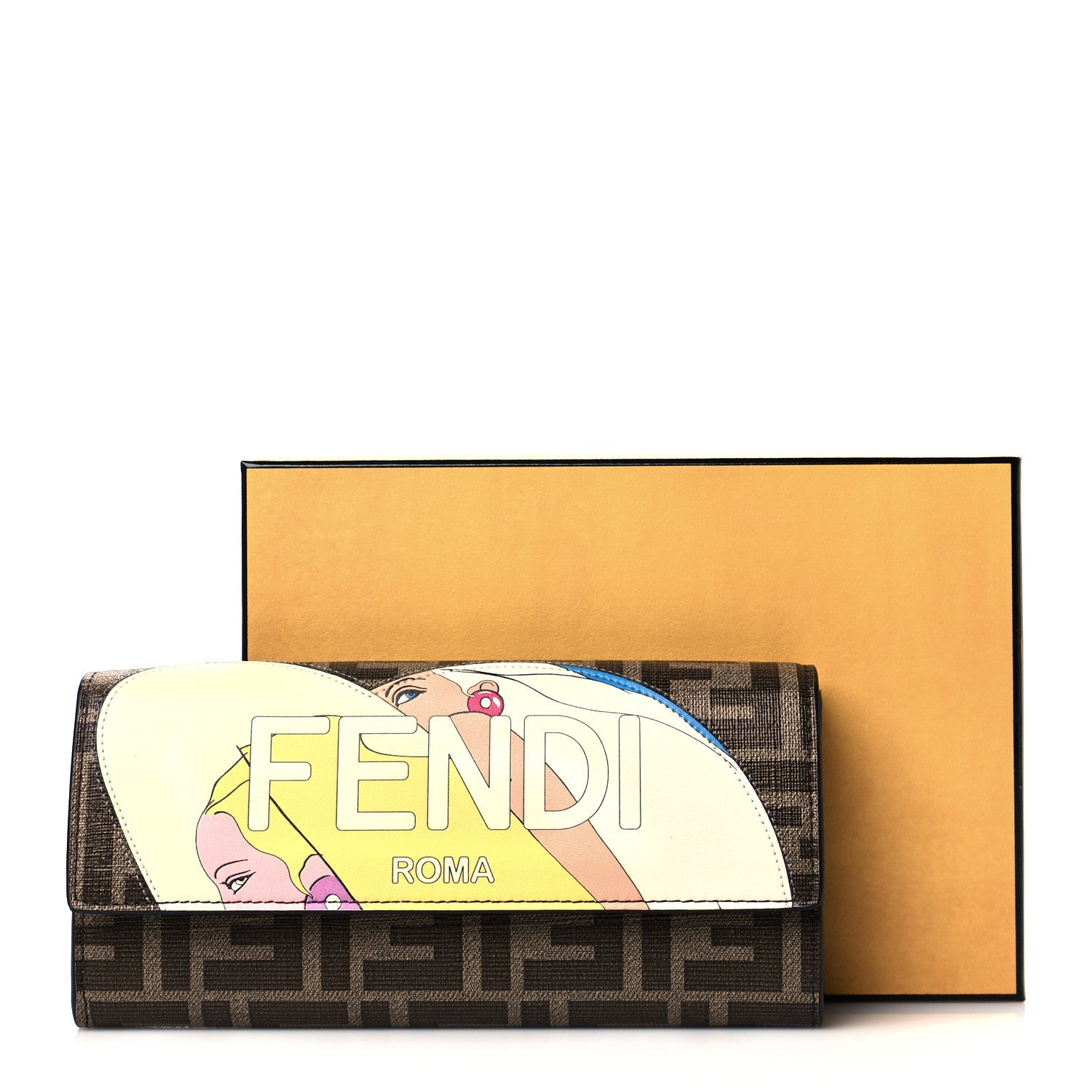Fendi Glazed Fabric Vitello Liberty FF 1974 Logo Hairdo Girls Inlay Continental Wallet Mogano Panna Multicolor 8 of 8