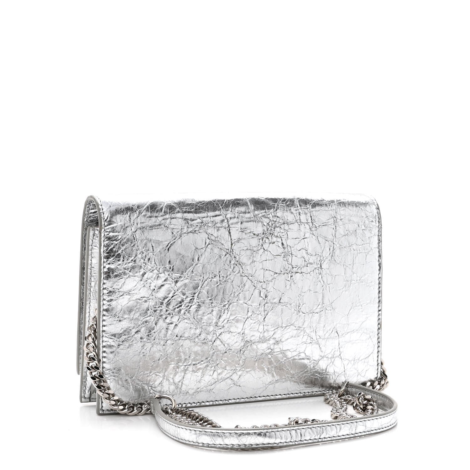 Saint Laurent Metallic Crackled Calfskin Kate Monogram Tassel Chain Wallet Argento 3 of 9