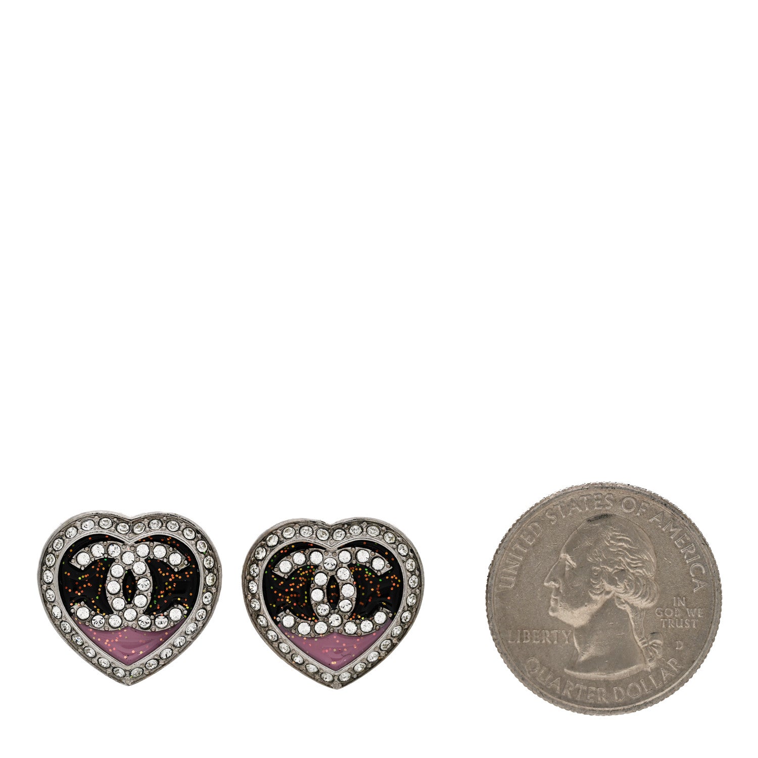 Chanel Resin Crystal Glitter CC Heart Stud Earrings Silver Black Pink 2 of 4