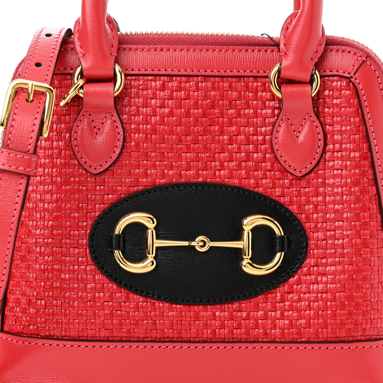 Gucci Straw Azalea Calfskin Woven Mini Horsebit 1955 Top Handle Bag Coral Wave Black 8 of 10