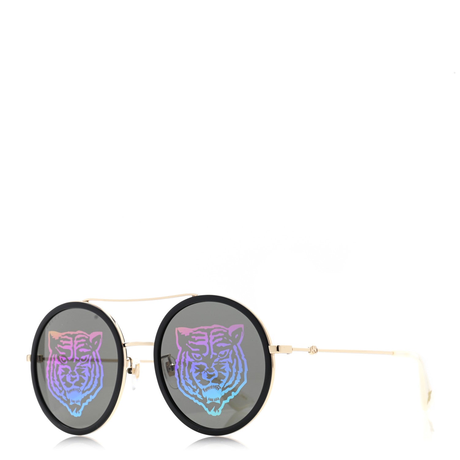 Gucci Metal Round Frame Tiger Print Sunglasses GG0061S Gold 1 of 8