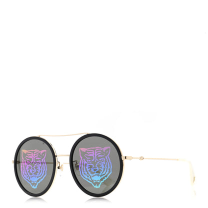Gucci Metal Round Frame Tiger Print Sunglasses GG0061S Gold 1 of 8