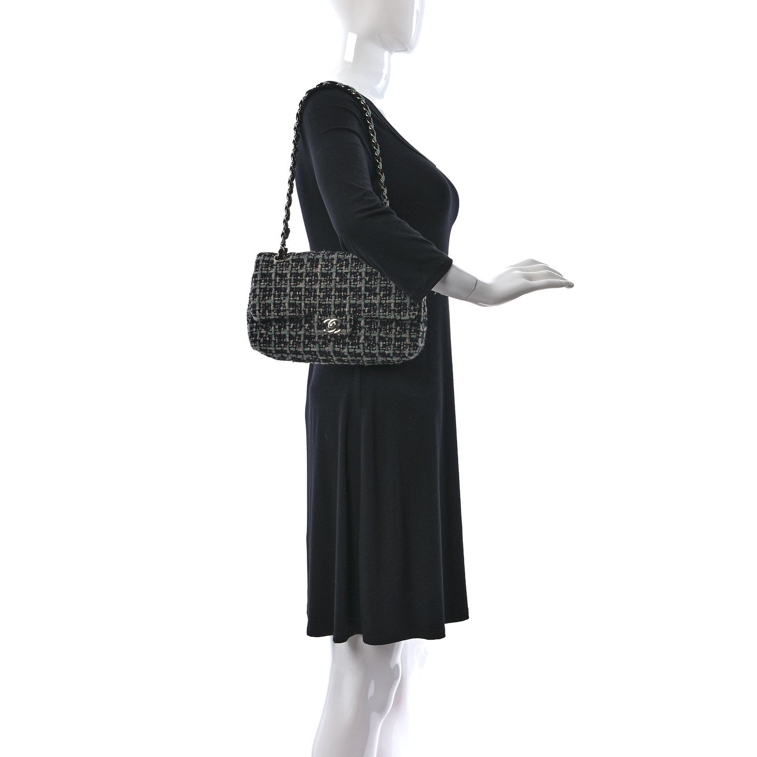Chanel Tweed Quilted Medium Double Flap Black White Green 2 of 9