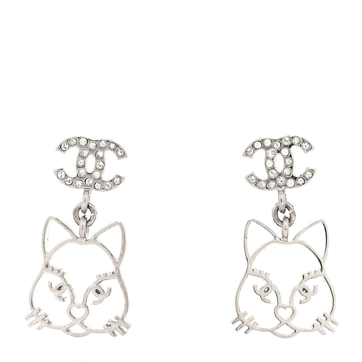 Crystal Emoji Choupette Cat CC Earrings Silver