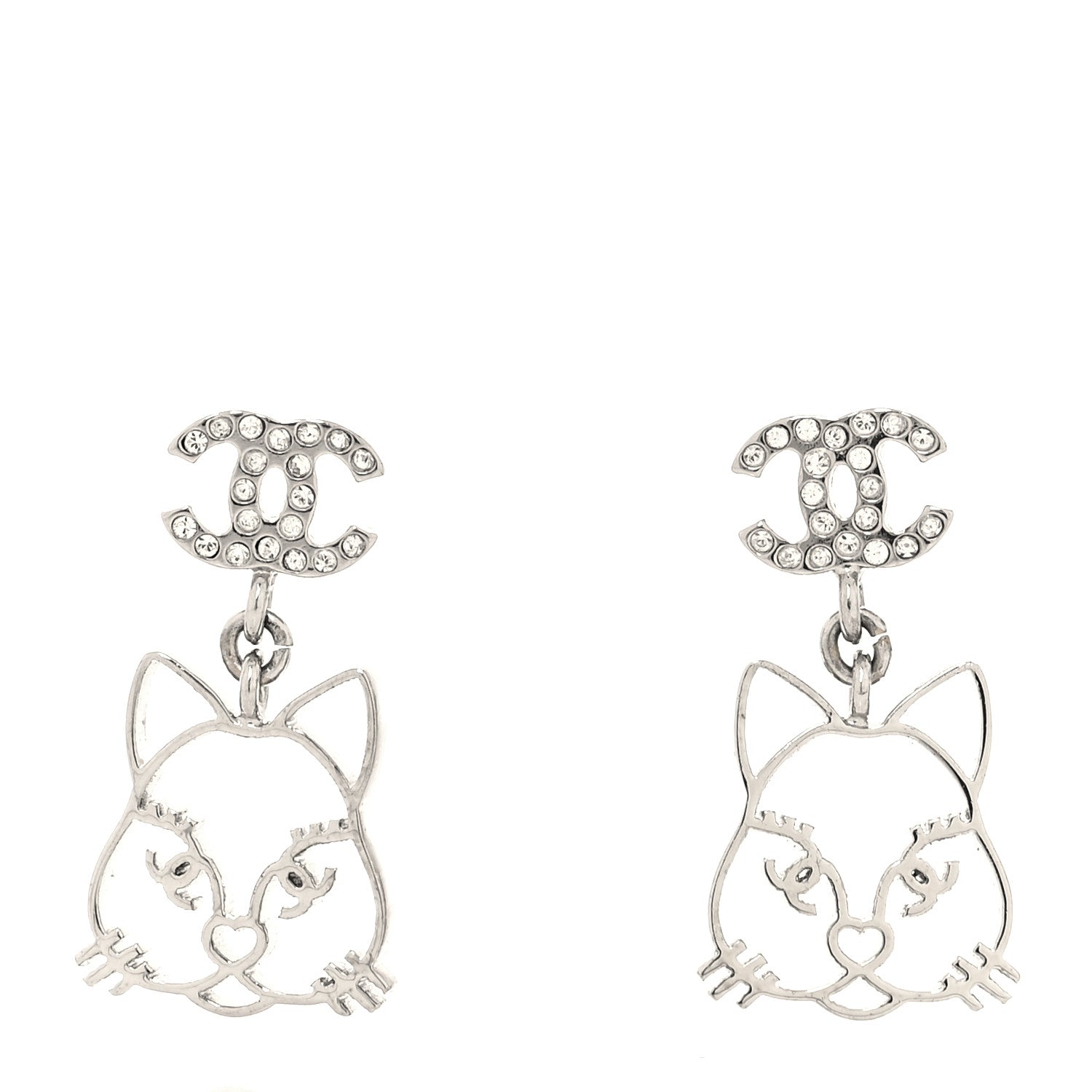 Chanel Crystal Emoji Choupette Cat CC Earrings Silver 1 of 4