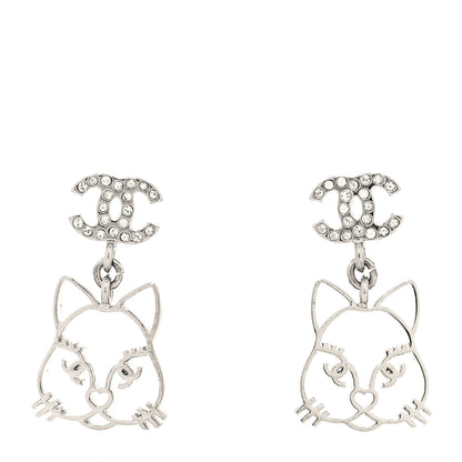 Chanel Crystal Emoji Choupette Cat CC Earrings Silver 1 of 4