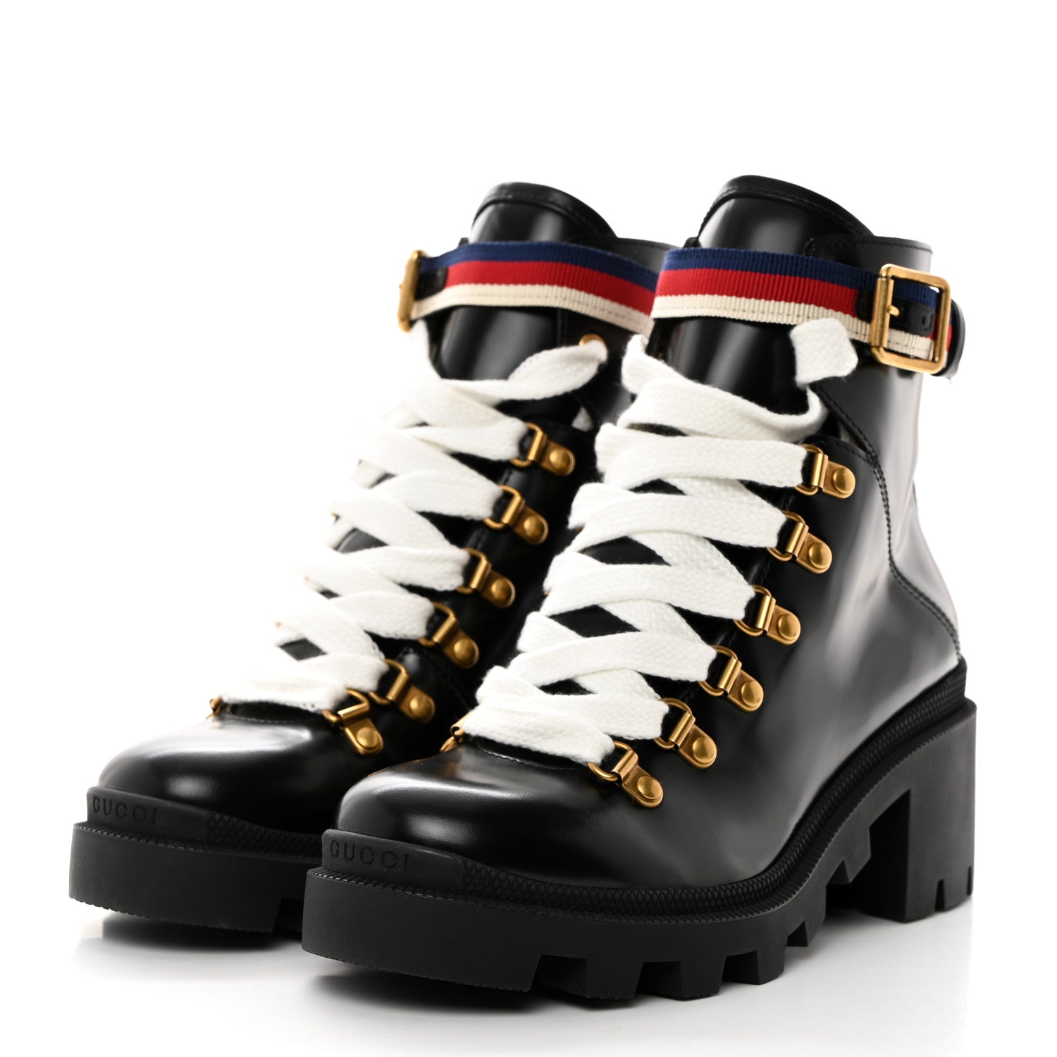 Gucci Calfskin Sylvie Web Womens Lace Up Combat Boots 36.5 Black 3 of 9