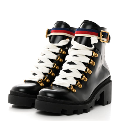 Gucci Calfskin Sylvie Web Womens Lace Up Combat Boots 36.5 Black 3 of 9