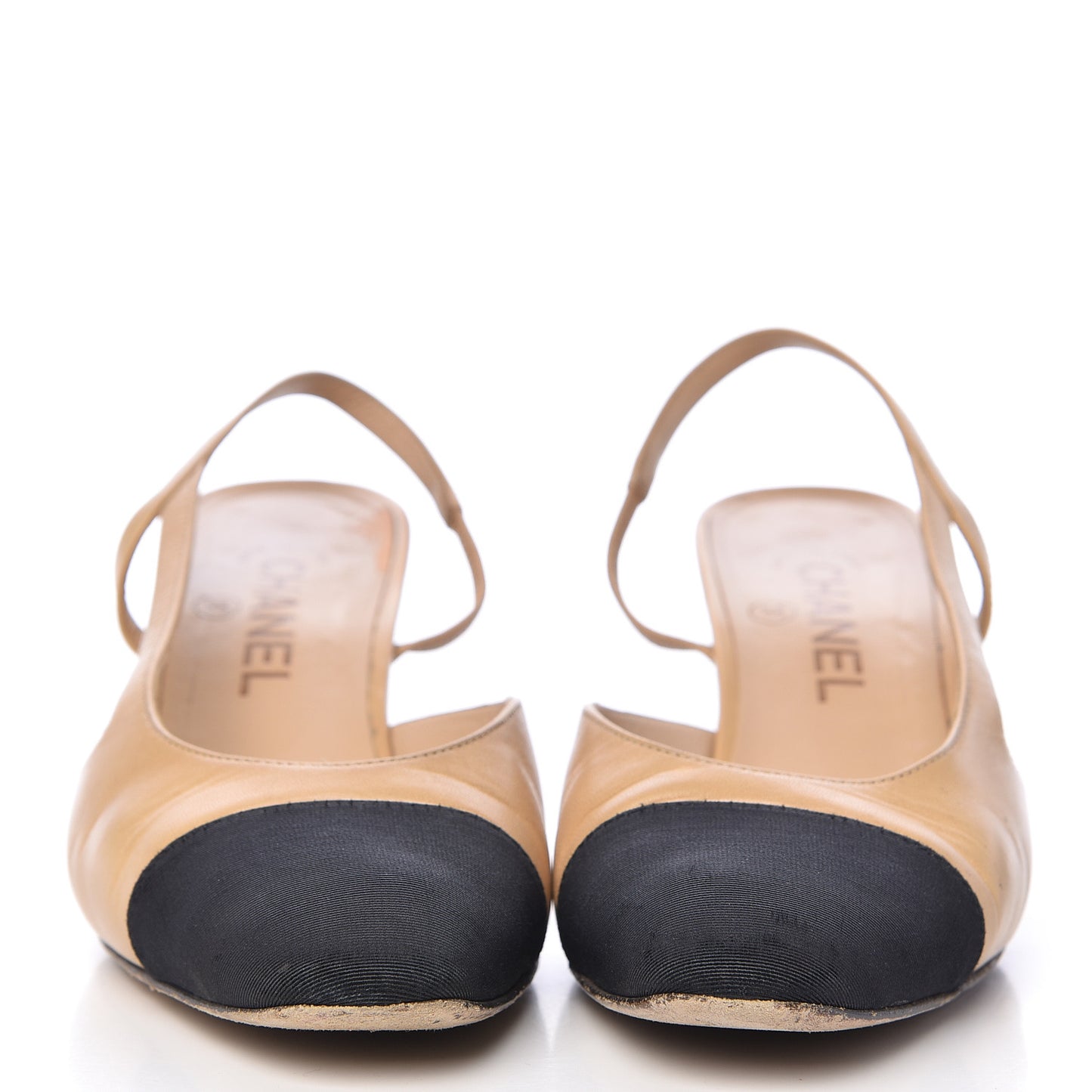 Goatskin Grosgrain Cap Toe CC Slingback Pumps 38.5 Beige Black