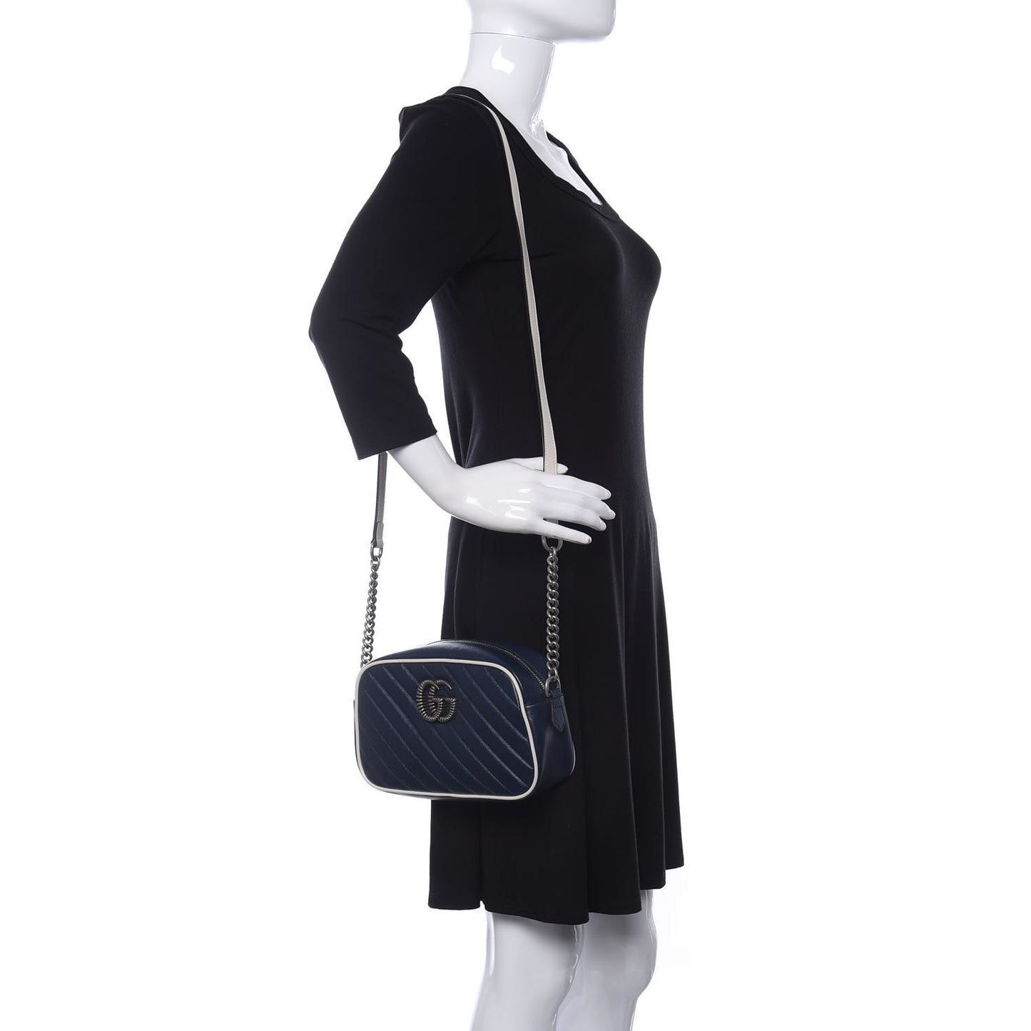 Vintage Effect Calfskin Matelasse Diagonal Small Torchon GG Marmont Chain Shoulder Bag Blue Agata Mystic White